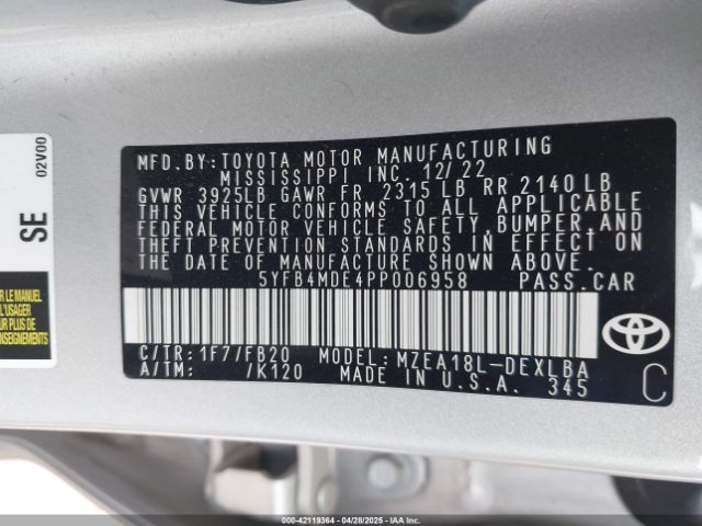 5YFB4MDE4PP006958 Toyota COROLLA LE
