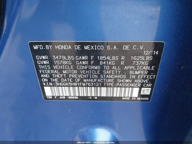 Aukcja sprzedaży 2015 Honda Fit Ex/ex-l, vin: 3HGGK5H81FM763121, numer aukcji: 42119371