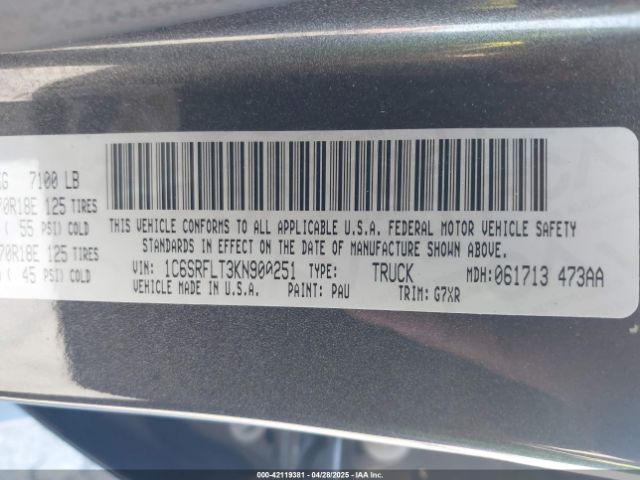 1C6SRFLT3KN900251 RAM 1500 Rebel  4x4 5'7 Box