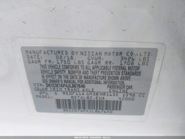 3N1CN7AP4JL867640 Nissan Versa 1.6 Sv