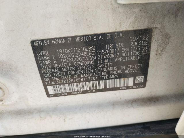 3CZRZ2H70PM717204 Honda Hr-v Awd Ex-l