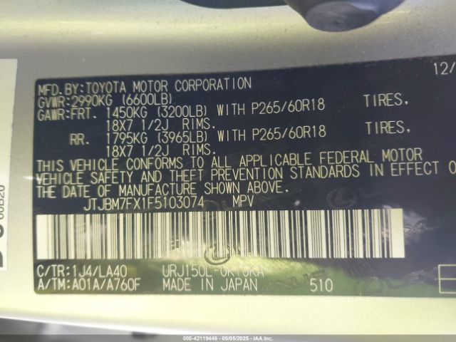 JTJBM7FX1F5103074 Lexus GX 460