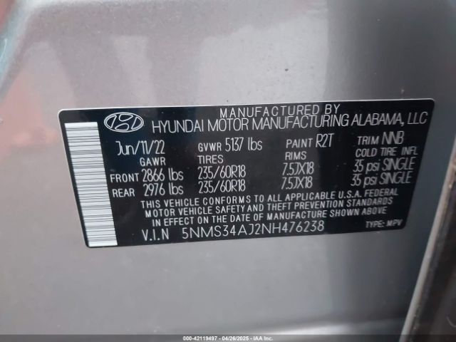 5NMS34AJ2NH476238 Hyundai Santa Fe Sel