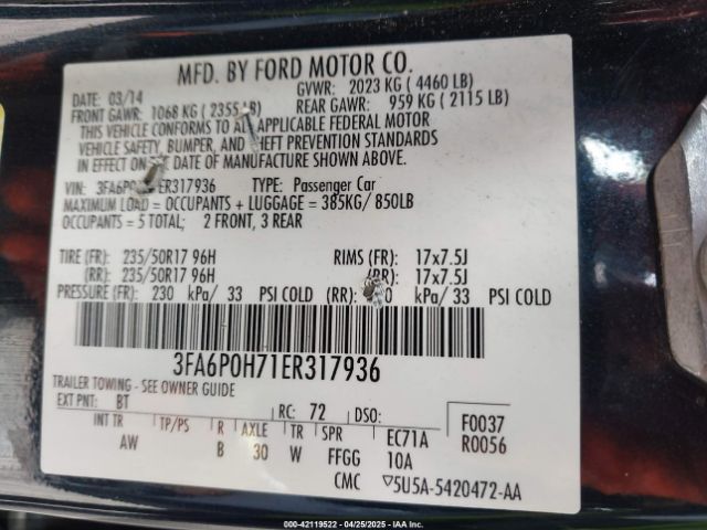 3FA6P0H71ER317936 Ford FUSION SE