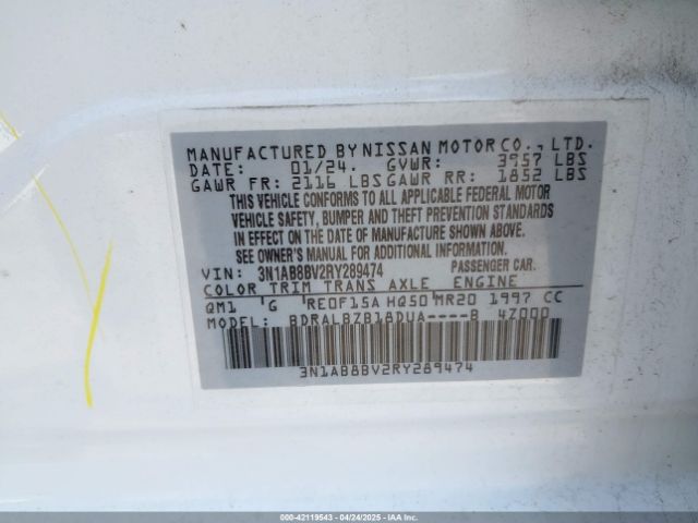 3N1AB8BV2RY289474 Nissan Sentra S Xtronic Cvt