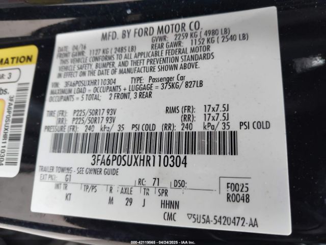 3FA6P0SUXHR110304 Ford Fusion Energi Titanium
