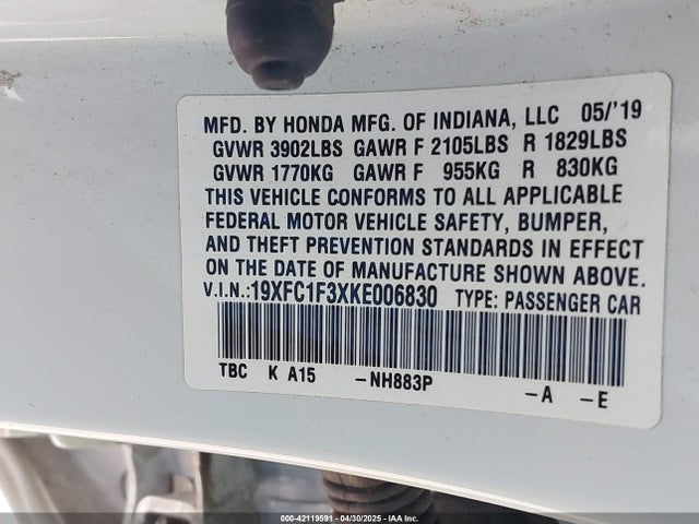 Honda l15b7/l15by 2019 19XFC1F3XKE006830 Image 9