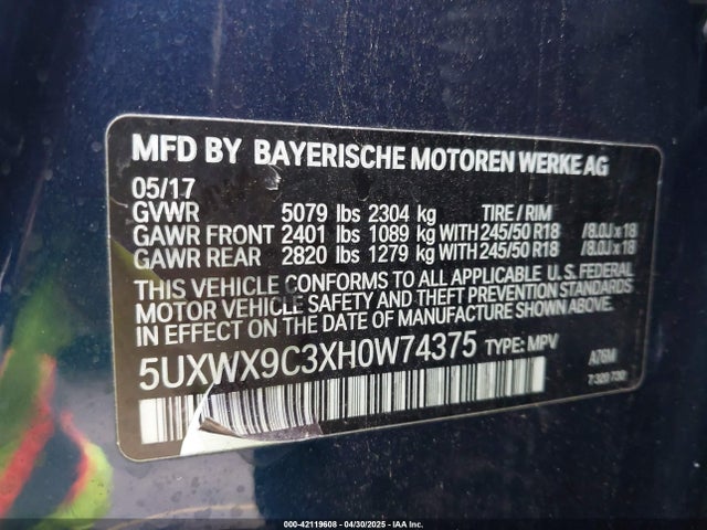 5UXWX9C3XH0W74375 BMW X3 Xdrive28i
