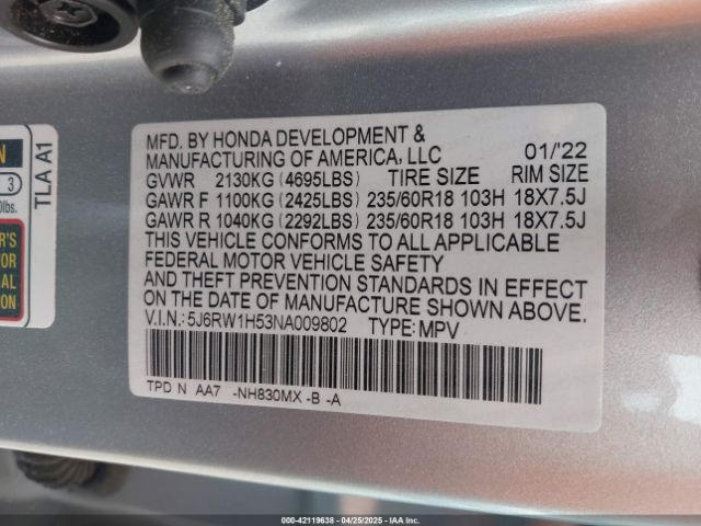 5J6RW1H53NA009802 Honda Cr-v 2wd Ex