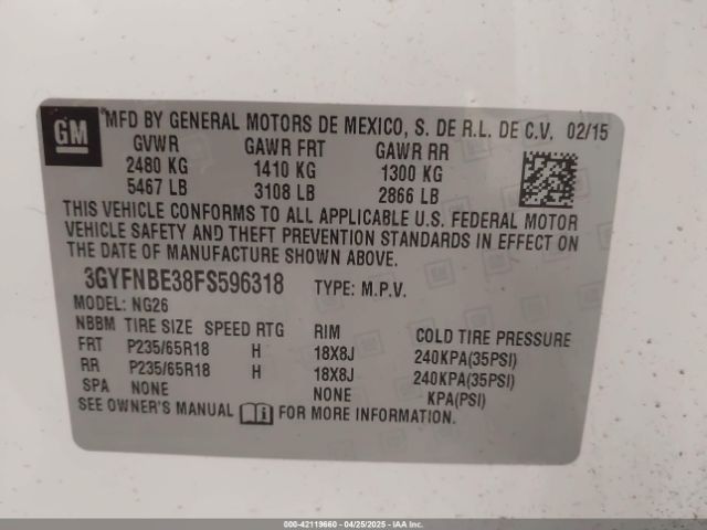 3GYFNBE38FS596318 Cadillac Srx Luxury Collection