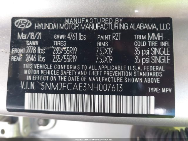 5NMJFCAE3NH007613 Hyundai TUCSON SEL