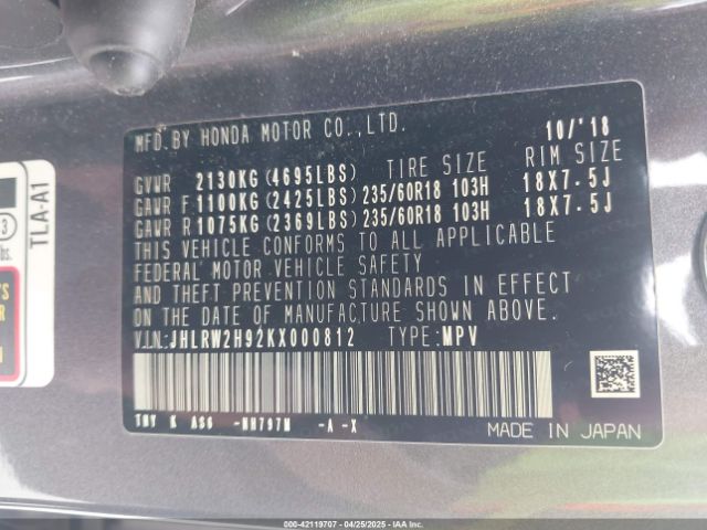 JHLRW2H92KX000812 Honda Cr-v Touring