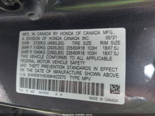 2HKRW1H5XMH423270 Honda Cr-v 2wd Ex