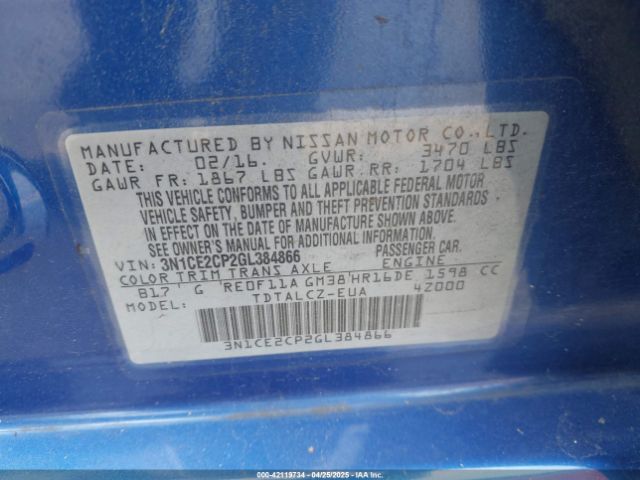 3N1CE2CP2GL384866 Nissan Versa Note S Plus