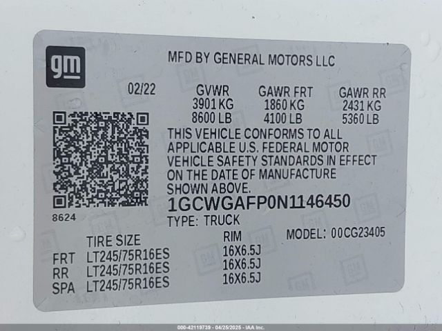 1GCWGAFP0N1146450 Chevrolet Express Cargo Rwd 2500 Regular Wheelbase Wt