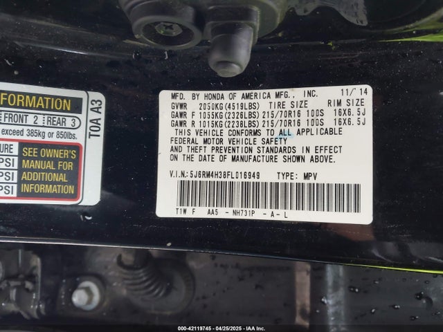 Honda k24w9 2015 5J6RM4H38FL016949 Image 9