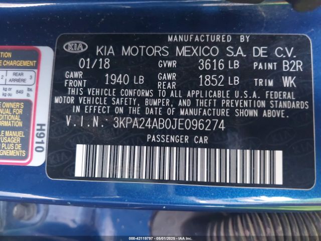 3KPA24AB0JE096274 KIA RIO S