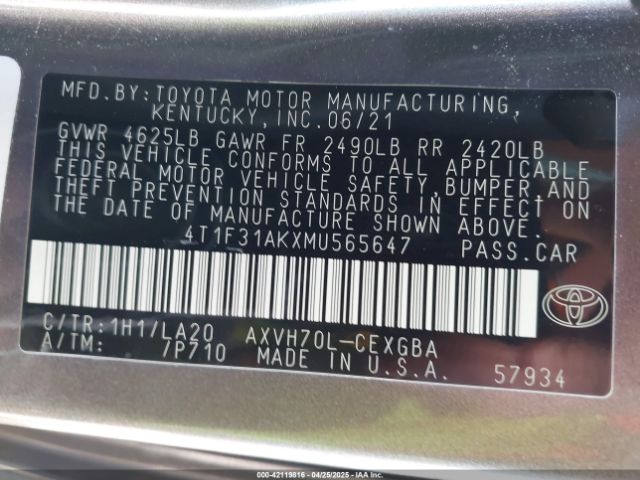 4T1F31AKXMU565647 Toyota Camry Xle Hybrid