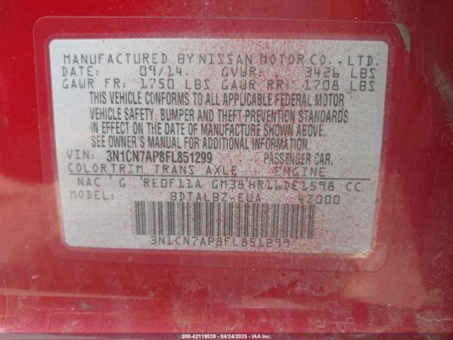 3N1CN7AP8FL851299 Nissan Versa 1.6 Sv
