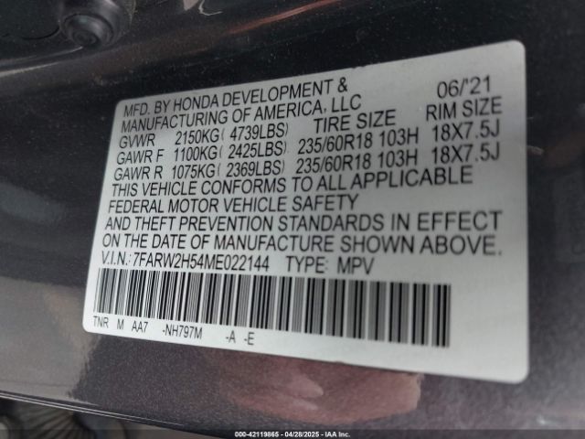 7FARW2H54ME022144 Honda Cr-v Awd Ex