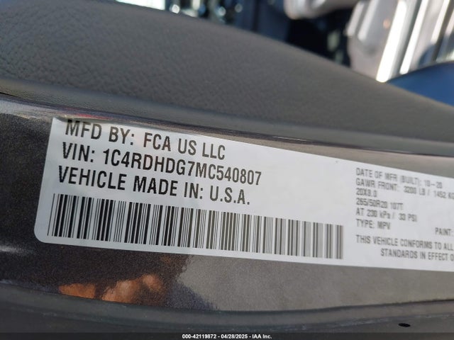 1C4RDHDG7MC540807 Dodge Durango Gt Plus Rwd