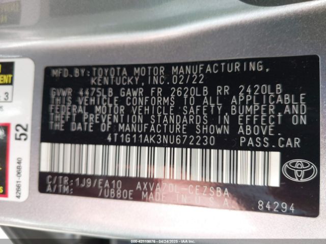 4T1G11AK3NU672230 Toyota CAMRY SE