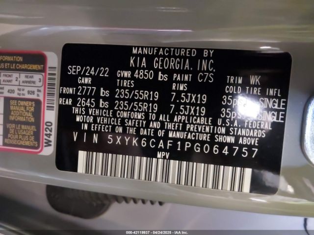 5XYK6CAF1PG064757 KIA gdi theta iii