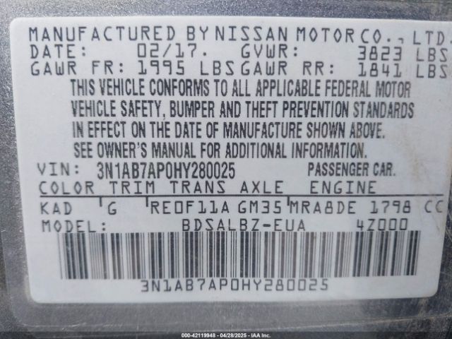 3N1AB7AP0HY280025 Nissan SENTRA S
