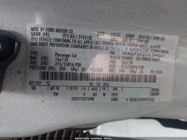 1FADP3K22JL244221 Ford 2.0l gdi
