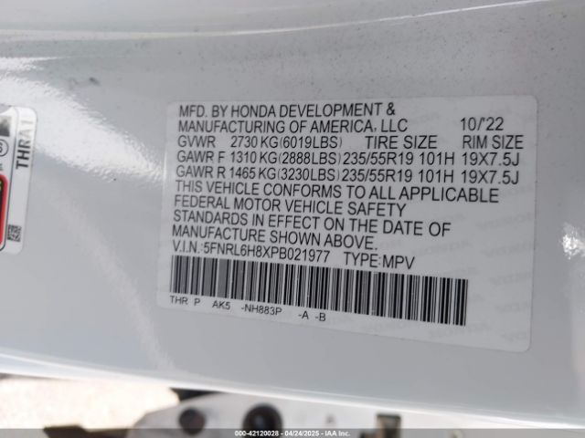 2023 HONDA ODYSSEY 5FNRL6H8XPB021977 Photo 8