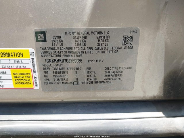 1GNKRHKD7GJ269086 Chevrolet Traverse 2lt
