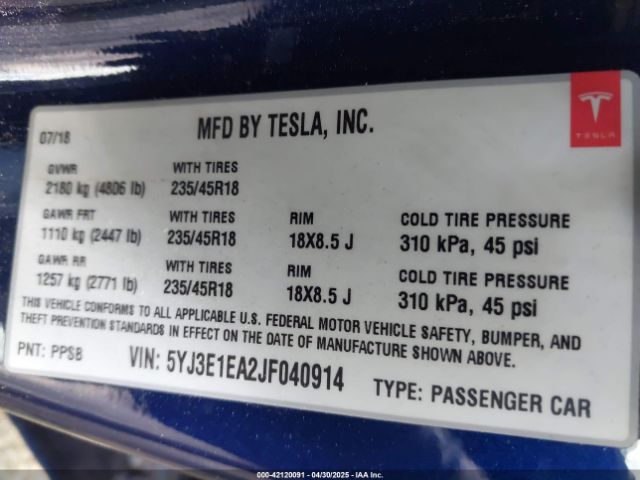 5YJ3E1EA2JF040914 Tesla Model 3 Long Range/mid Range