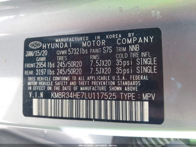 KM8R34HE7LU117525 Hyundai Palisade Sel