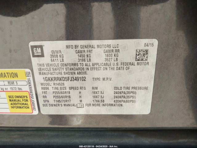 1GKKRRKD5FJ349102 GMC Acadia Slt-1