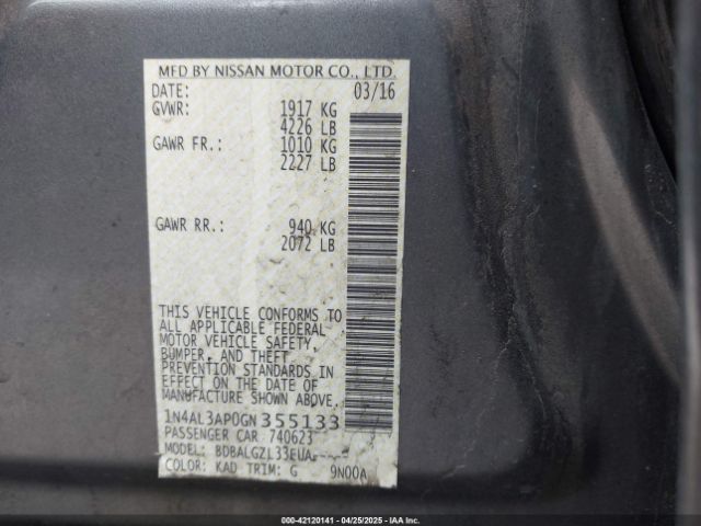 1N4AL3AP0GN355133 Nissan Altima 2.5/2.5 S/2.5 Sl/2.5 Sr/2.5 Sv