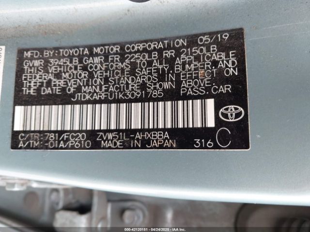 JTDKARFU1K3091785 Toyota Prius L Eco