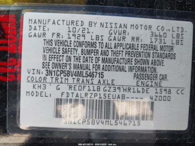 3N1CP5BV4ML546715 Nissan Kicks S Xtronic Cvt