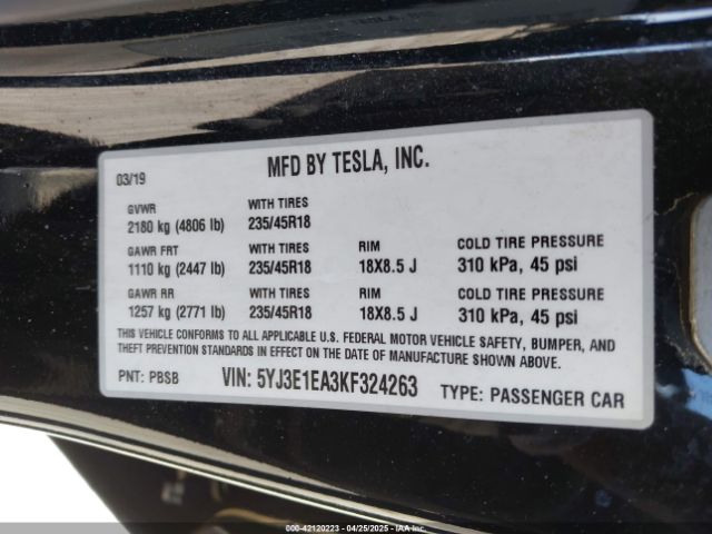 2019 TESLA MODEL 3 5YJ3E1EA3KF324263 Photo 8