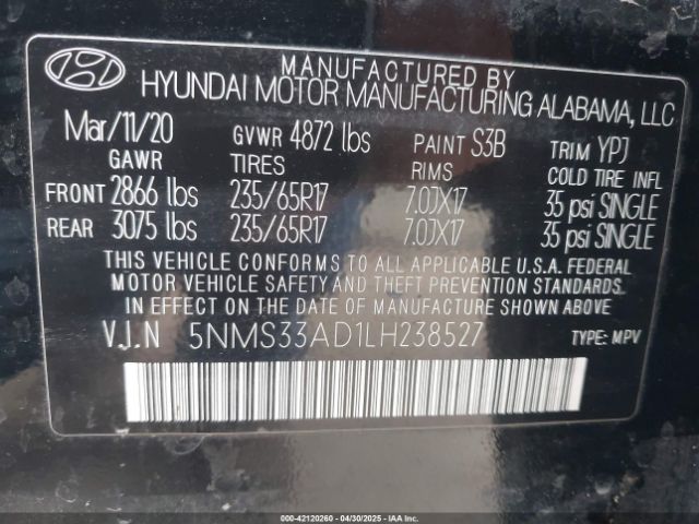 5NMS33AD1LH238527 Hyundai Santa Fe Sel