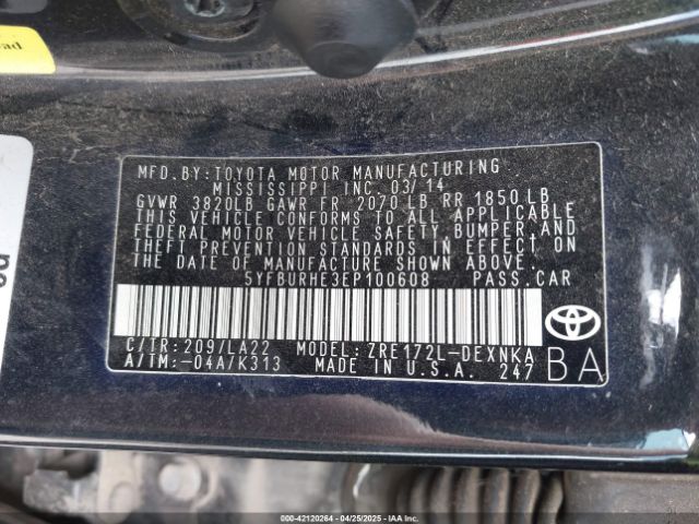 5YFBURHE3EP100608 Toyota Corolla Le Premium
