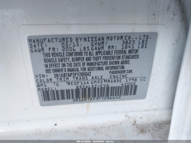 3N1AB7AP3FY286642 Nissan Sentra Fe+ S/s/sl/sr/sv