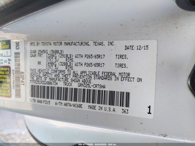 5TFRZ5CN3GX006734 Toyota 2gr-fks