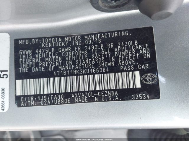 4T1B11HK3KU166084 Toyota CAMRY LE