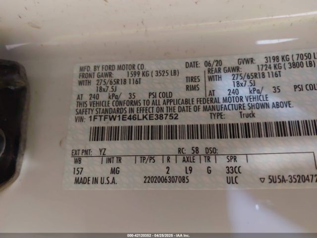 1FTFW1E46LKE38752 Ford F-150 Xlt