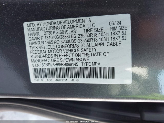 5FNRL6H65RB069145 Honda Odyssey Ex-l