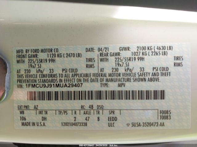 2021 FORD ESCAPE 1FMCU9J91MUA29407 Photo 8