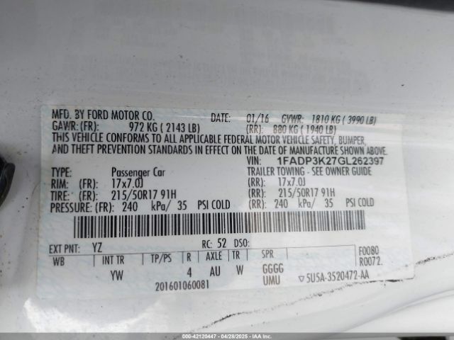1FADP3K27GL262397 Ford FOCUS SE