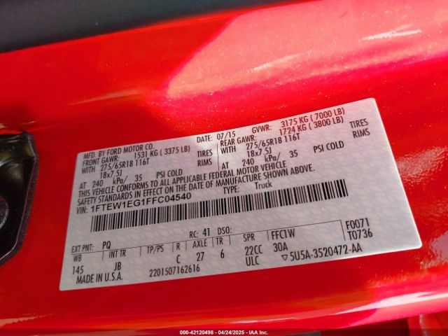 1FTEW1EG1FFC04540 Ford F-150 Xlt