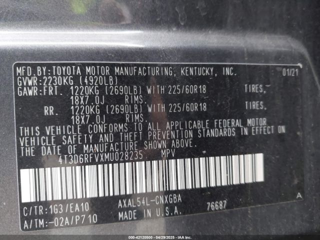 4T3D6RFVXMU028235 Toyota Rav4 Hybrid Limited