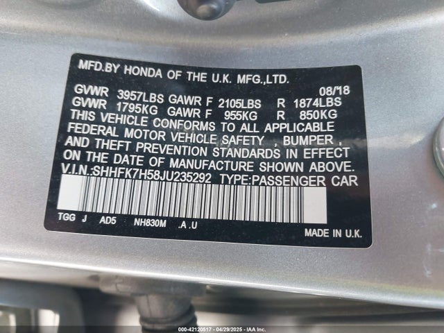 SHHFK7H58JU235292 Honda l15ba